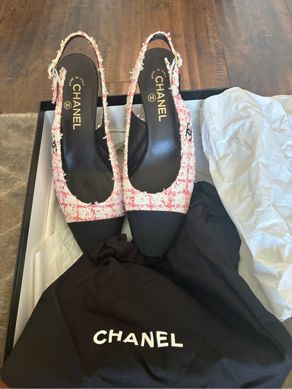 CHANEL Pink & Black Tweed Slingback Mules